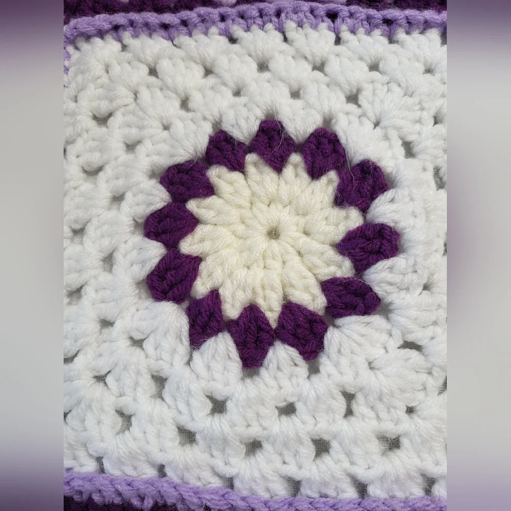 Purple and White Block Handmade Crochet Afghan Throw Lap Yarn Blanket 46